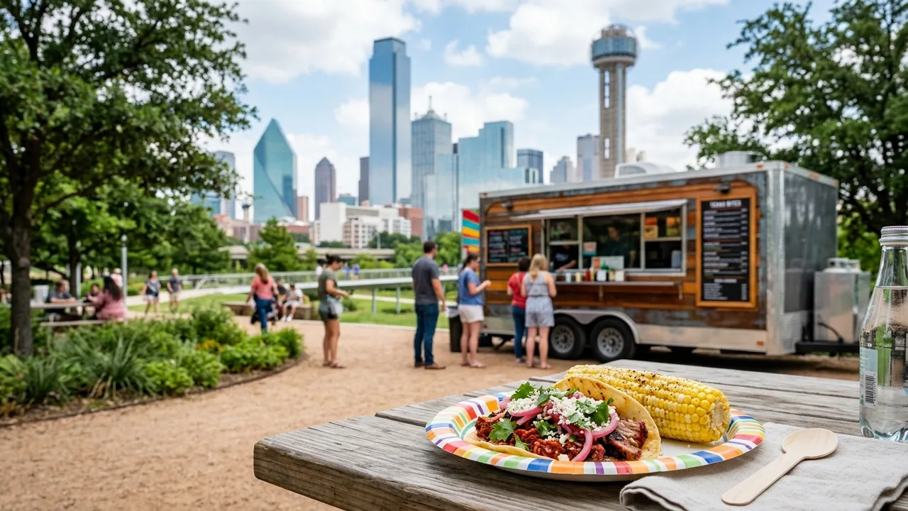 Dallas-Fort Worth food trucks at Klyde Warren Park with downtown skyline