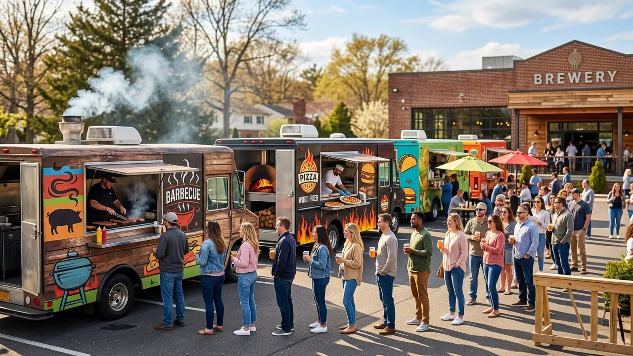 Long Island food trucks gathered at a brewery parking lot with customers lining up, featuring BBQ smoke, pizza ovens, and colorful signage against a sunny suburban backdrop