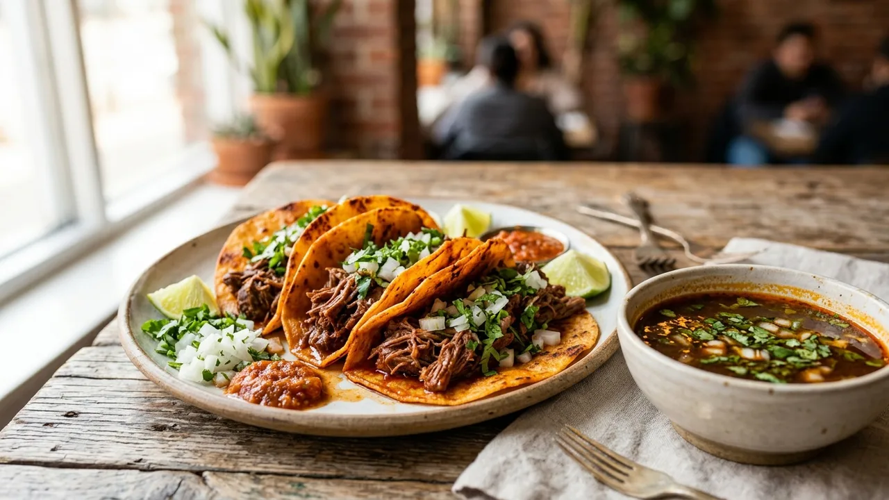 Birria-Landia red birria tacos with consomme dipping broth