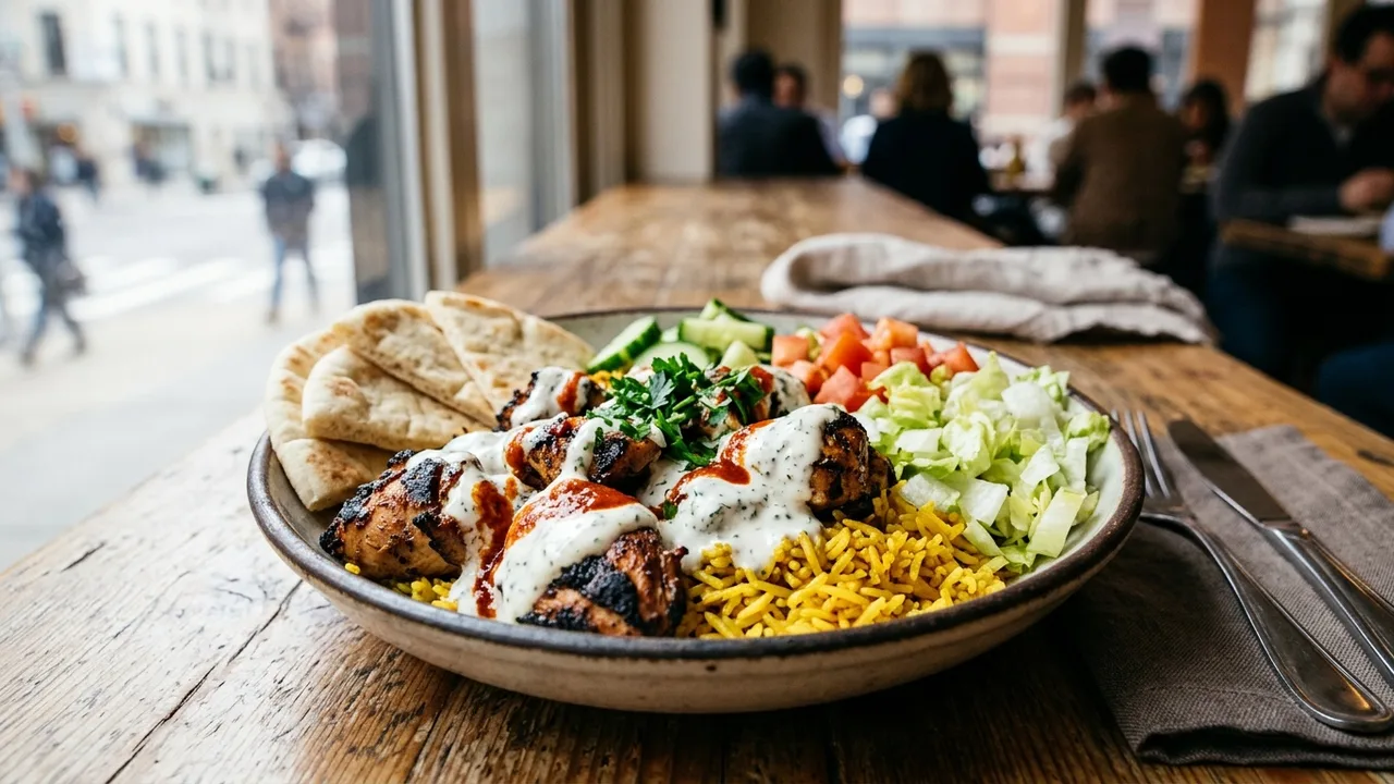 The Halal Guys chicken over rice platter with signature white sauce