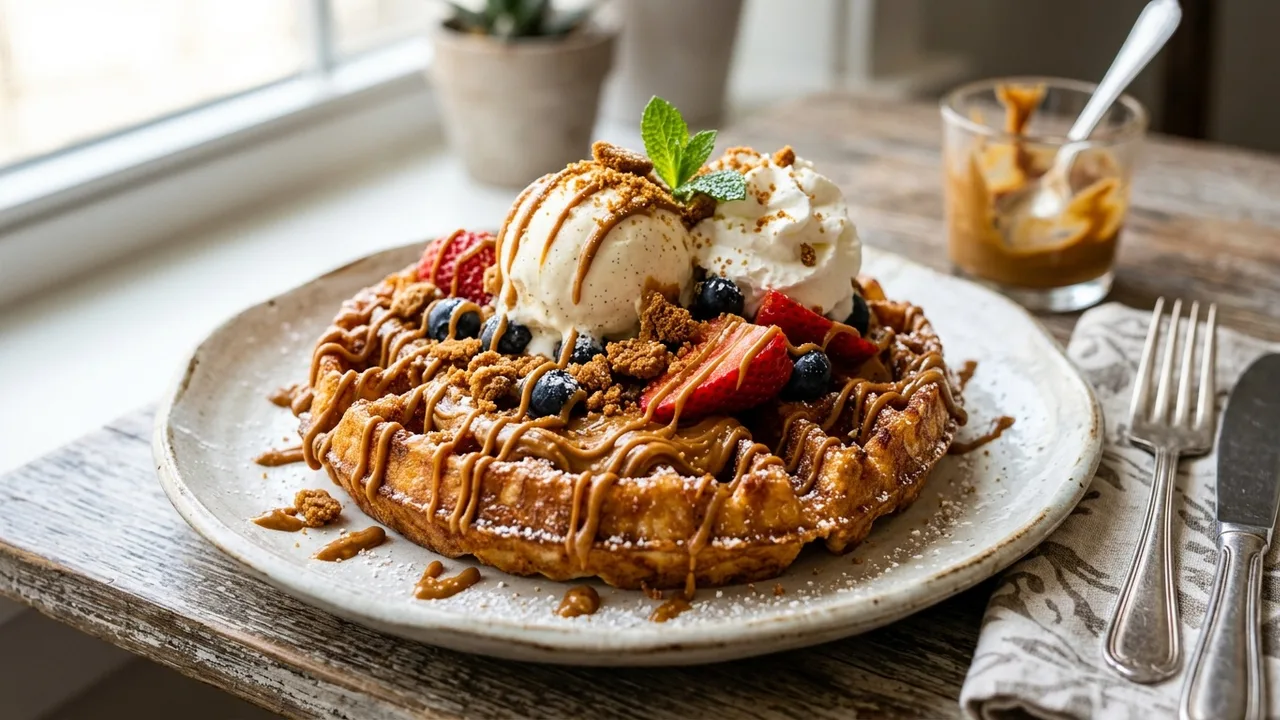 Wafels & Dinges Belgian Liege waffle with speculoos and toppings