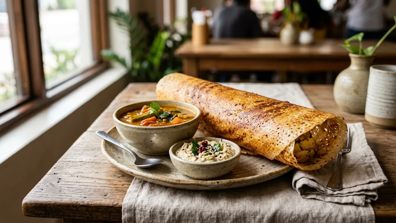 NY Dosas crispy masala dosa with sambar and chutney