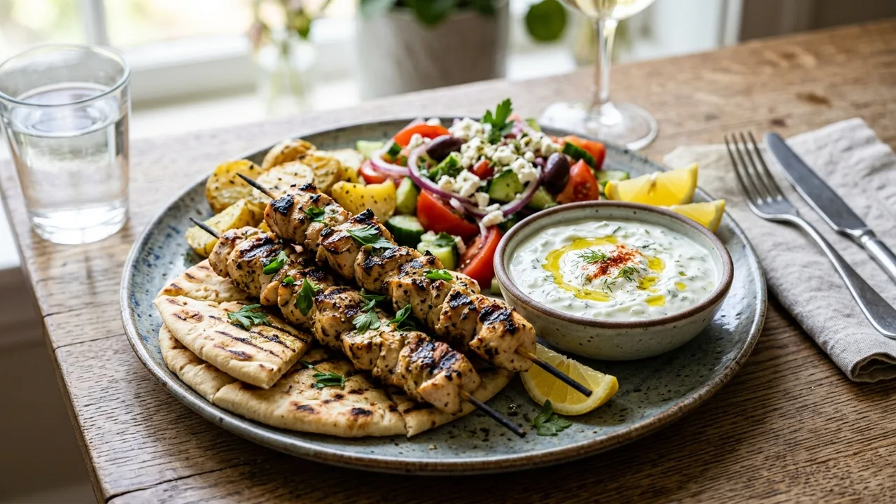 Uncle Gussys Greek chicken souvlaki platter with tzatziki