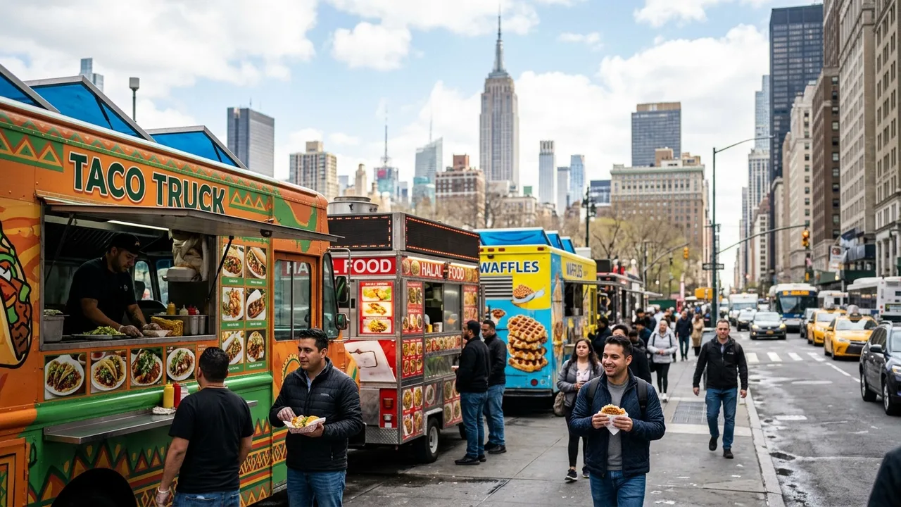 Manhattan food trucks lined up on a busy NYC street with the Midtown skyline in the background, showing diverse cuisine options including tacos, halal, and waffles
