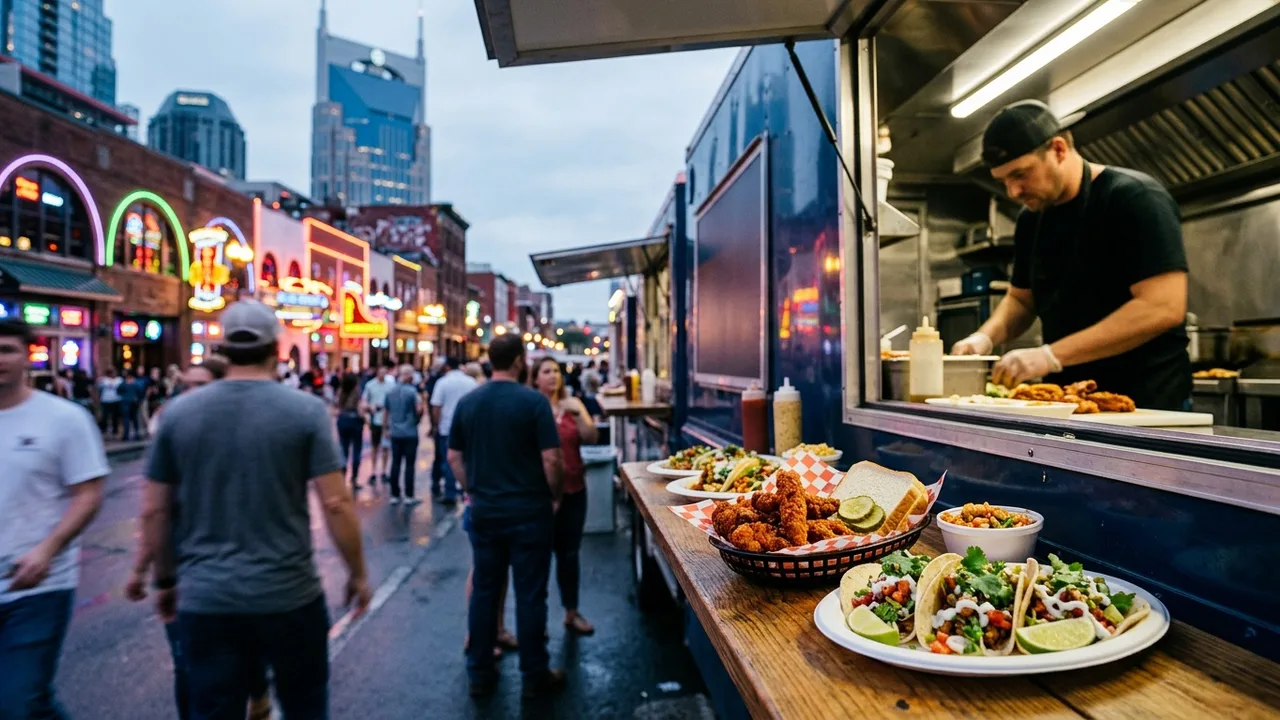 Nashville food trucks with downtown skyline and Broadway neon signs