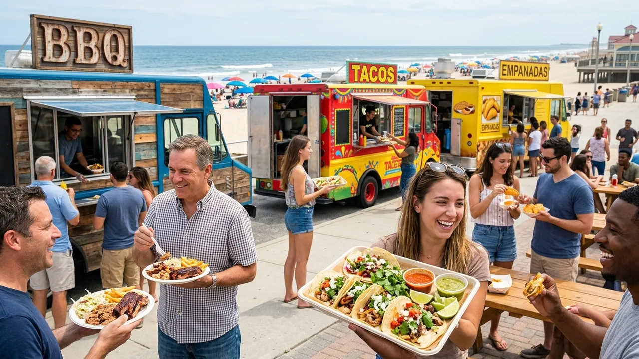 New Jersey food trucks gathered at a Jersey Shore food truck festival with customers enjoying BBQ, tacos, and empanadas under sunny skies