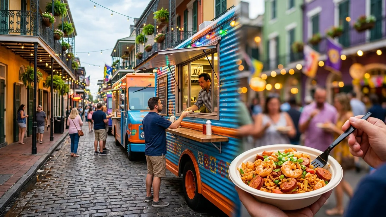 New Orleans food trucks in the French Quarter with colorful buildings and festive atmosphere